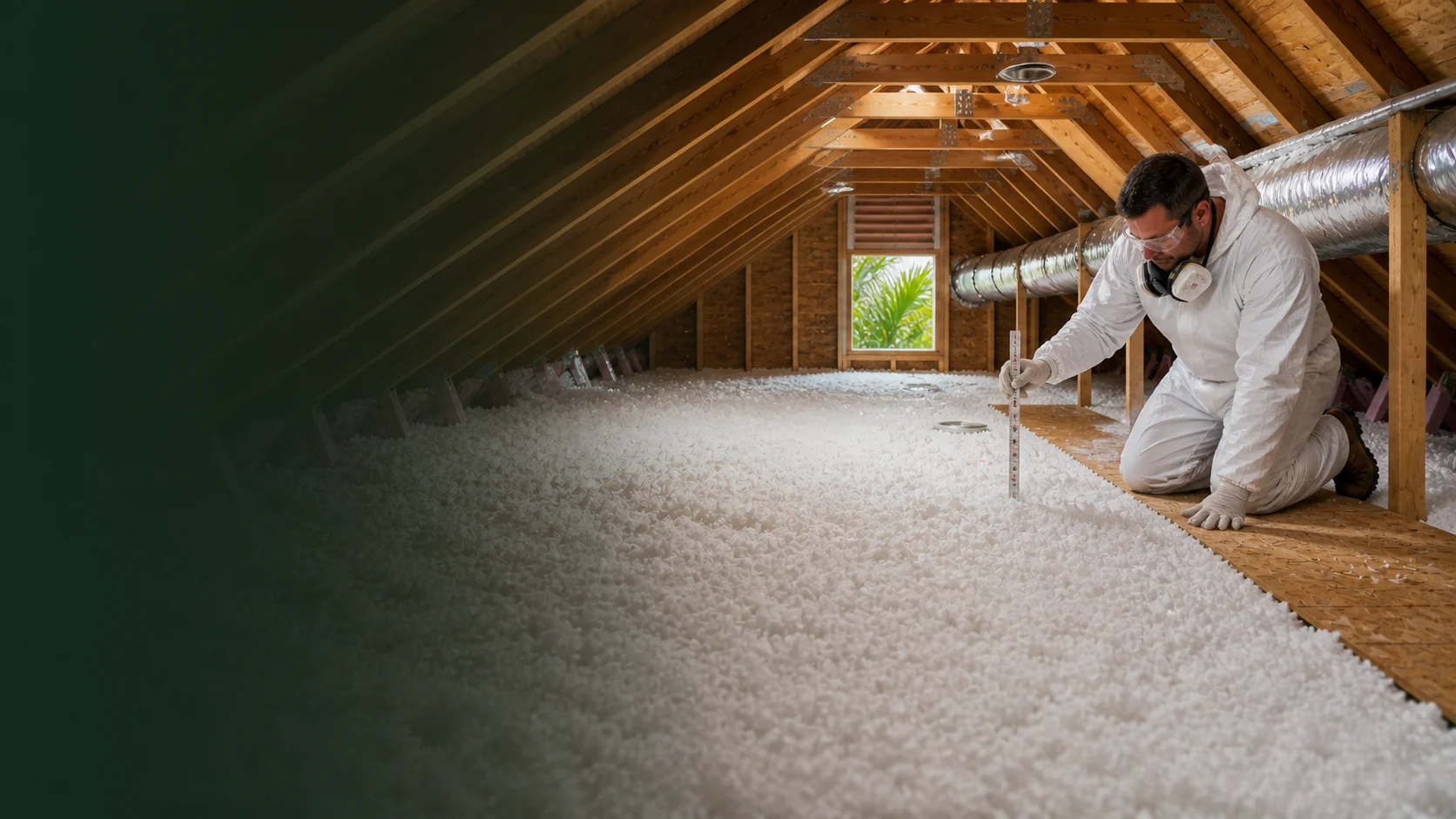 Green Faith Solutions specialist measuring newly installed blown-in attic insulation