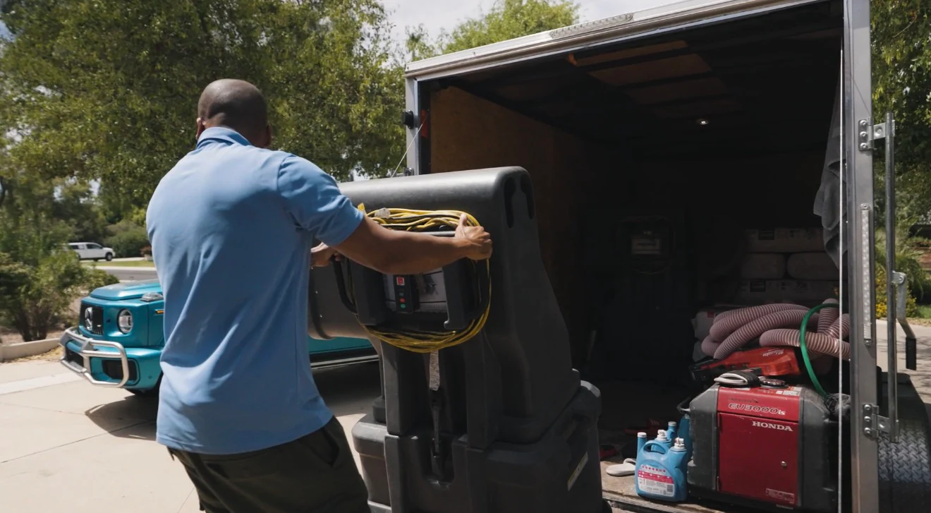 A Green Faith Solutions crew member loading professional insulation equipment