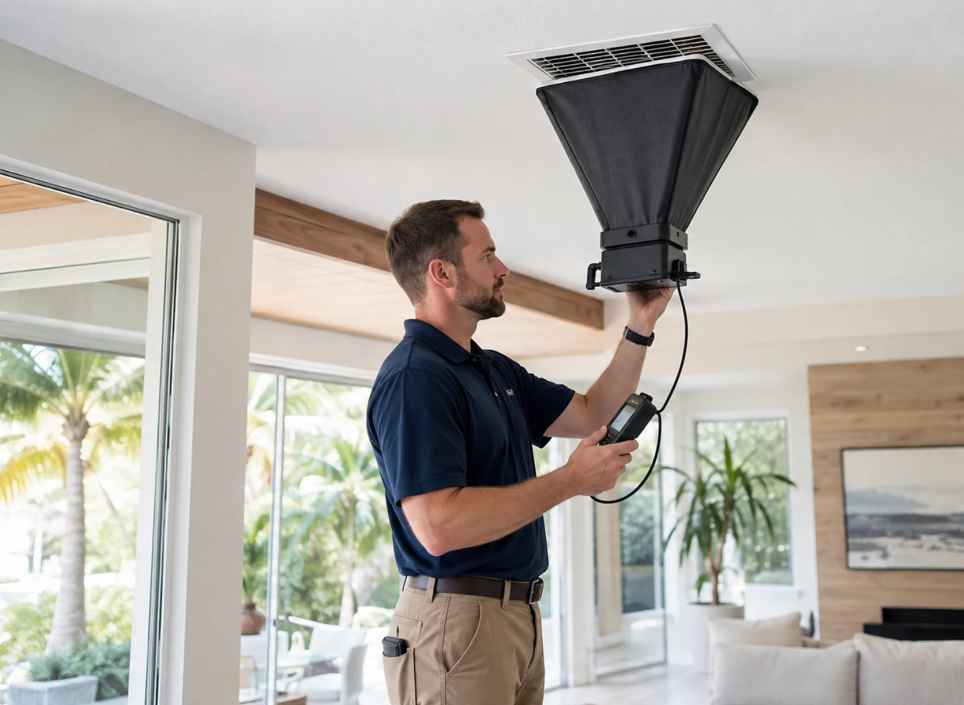 A Green Faith Solutions specialist measuring airflow during a home energy assessment