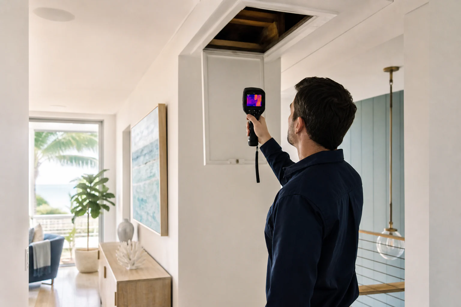 A Green Faith Solutions home-energy specialist performing a thermal inspection