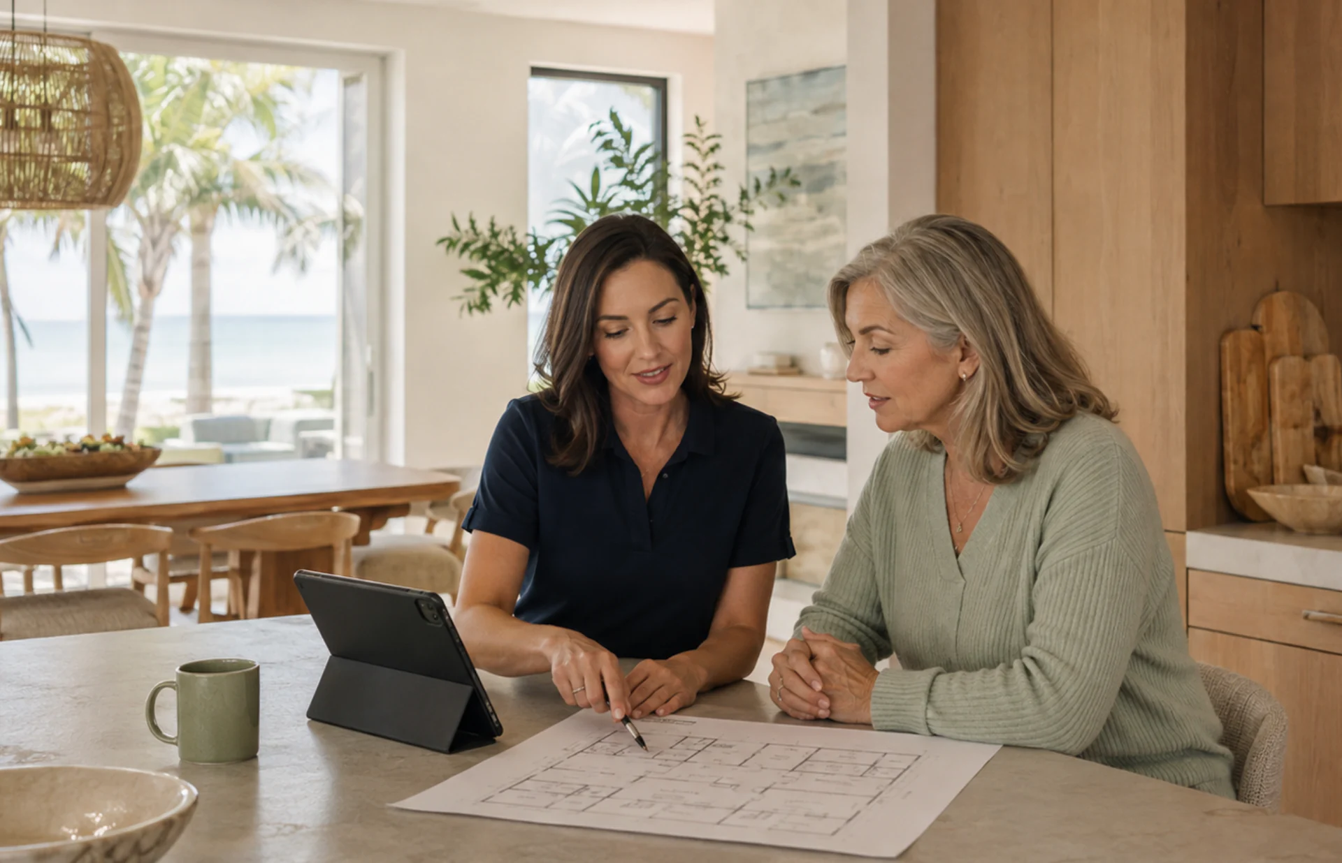 A homeowner reviewing home-comfort recommendations with a local Green Faith Solutions advisor