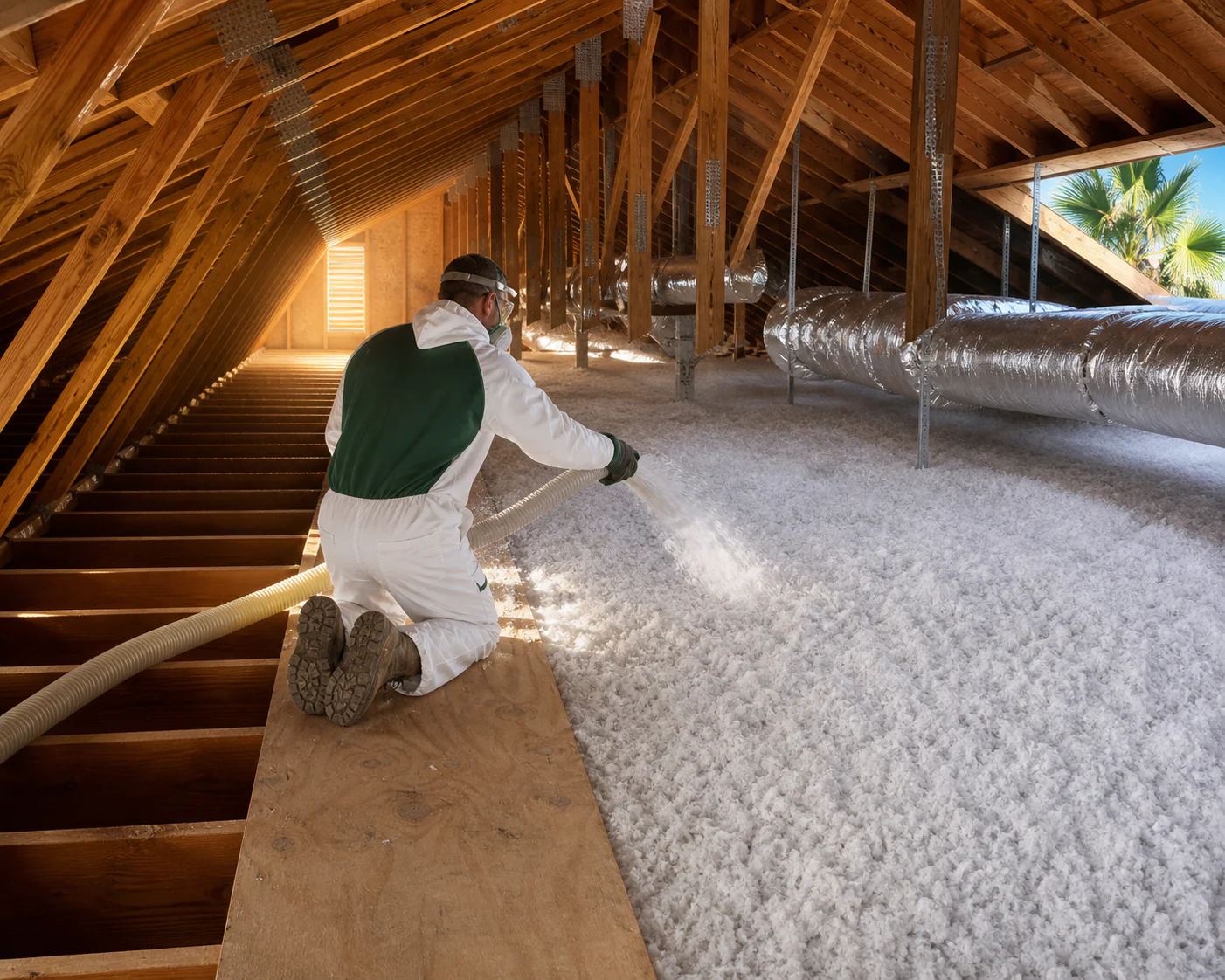 Insulation specialist installing blown-in insulation across a spacious attic